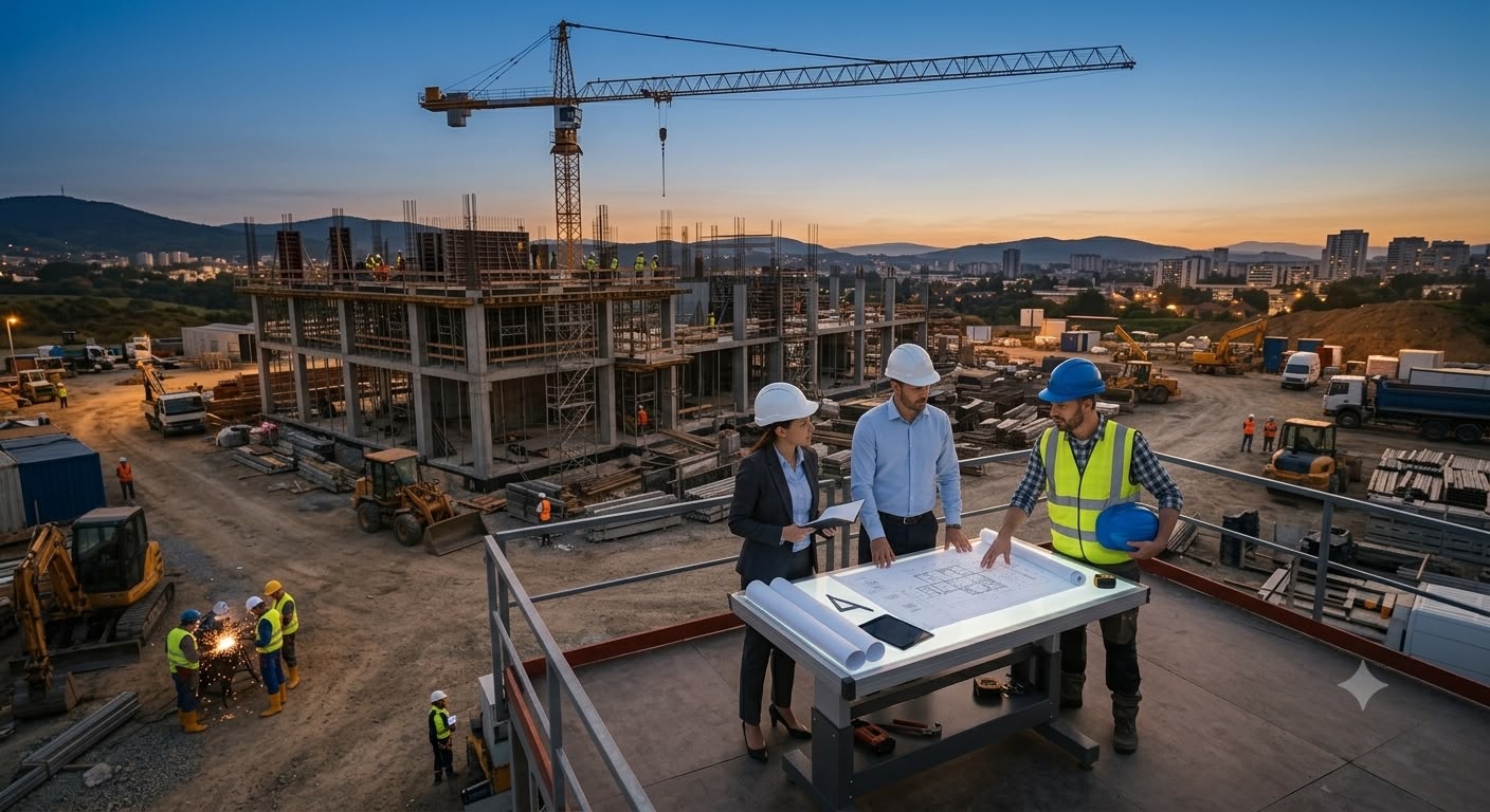 Construction professionals reviewing plans on an Indian building site